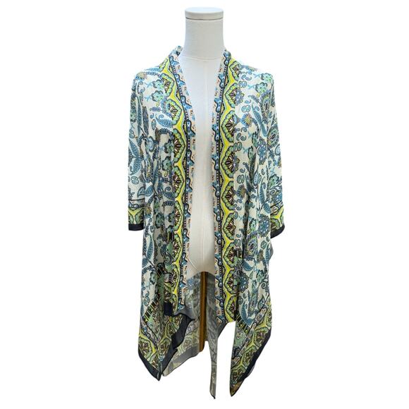 RACHEL ZOE Kimono Cardigan Caftan Blue Yellow Floral Mandala Boho Coverup NWT - Picture 2 of 7